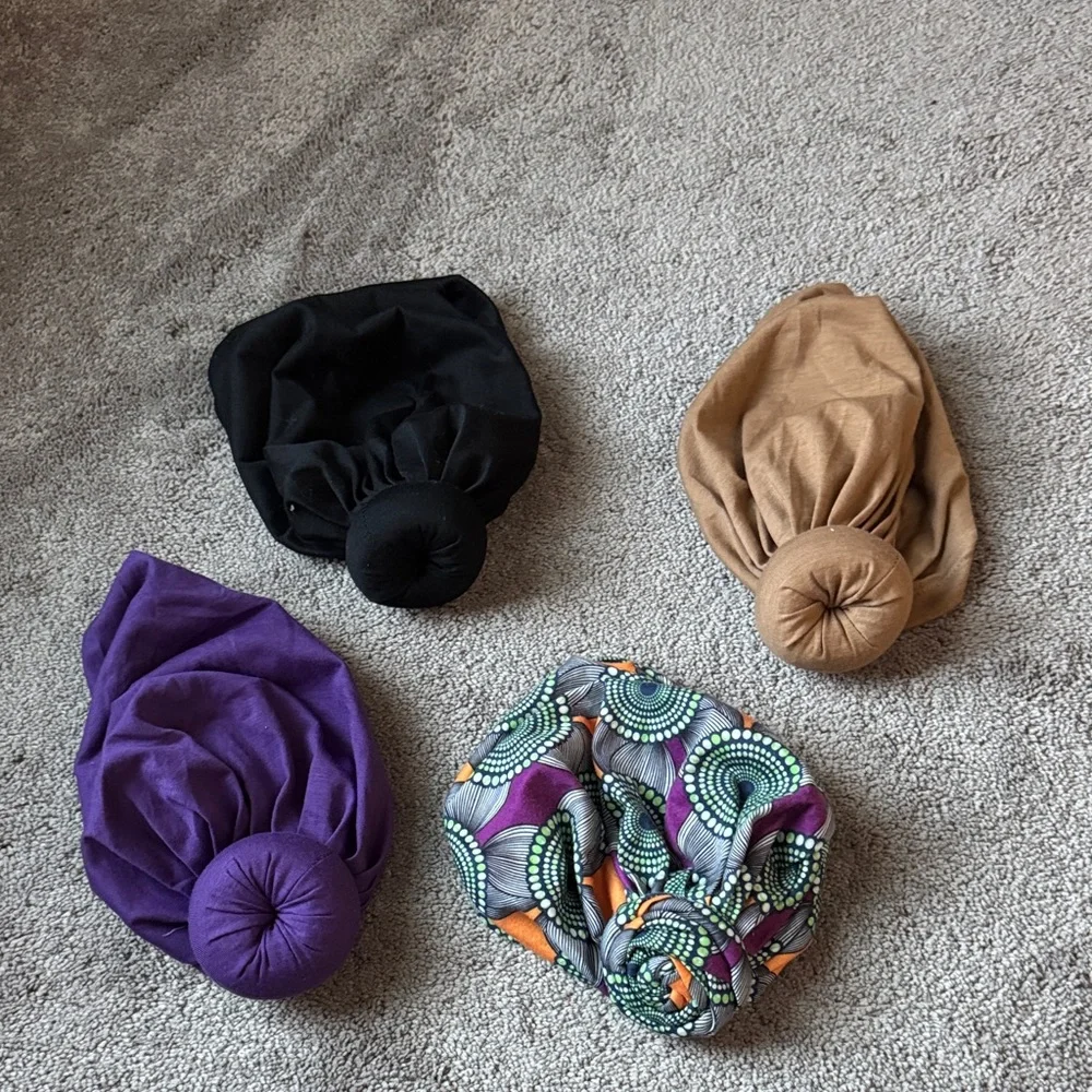 4 Piece Hair Turban Head Wrap Bun Cap Set Black Purple Brown Multicolor